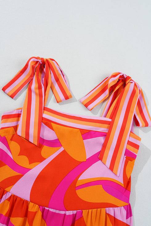 Red Abstract Print Knotted Shoulder High Waist Maxi Dress